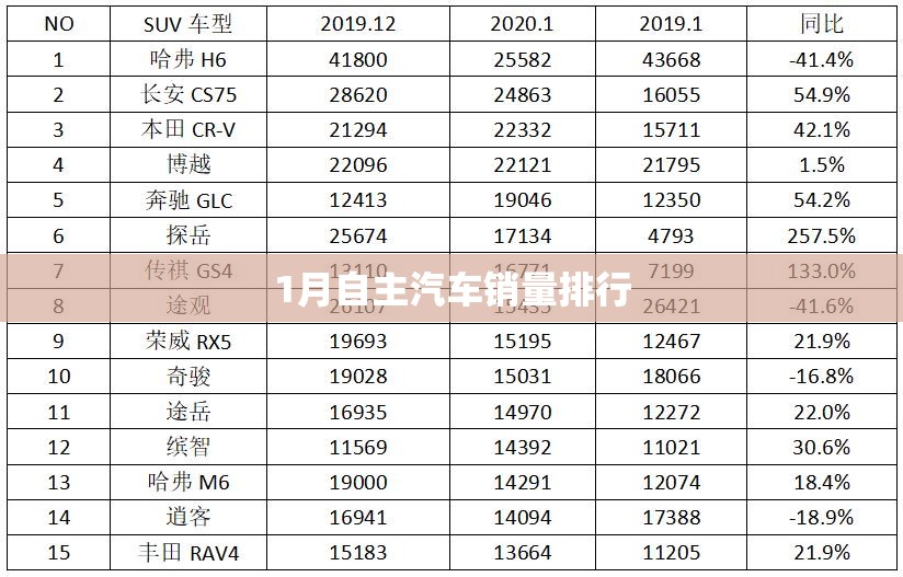1月自主汽车销量排行